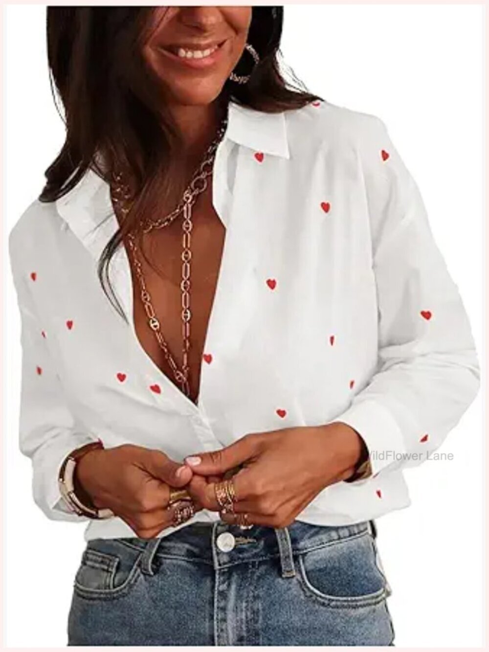 Women's Long Sleeve Button Up Blouse with Heart Print Dressy Casual Top